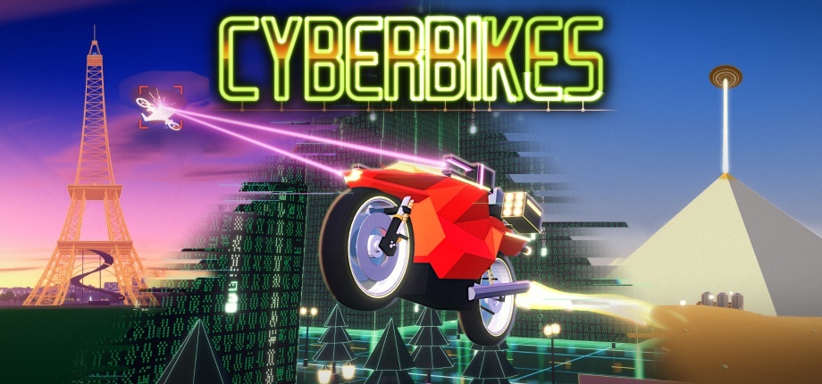 CYBERBIKES: an armed red CYBERBIKE firing twin lasers on a road from Paris to the pyramids of Giza